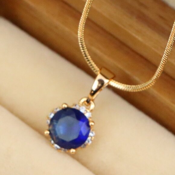 "Elegant Round Blue Gemstone Pendant in Rose Gold, XPPT1324 - Picture 1 of 13